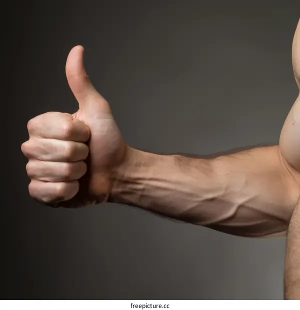 muscular male arm with thumb up