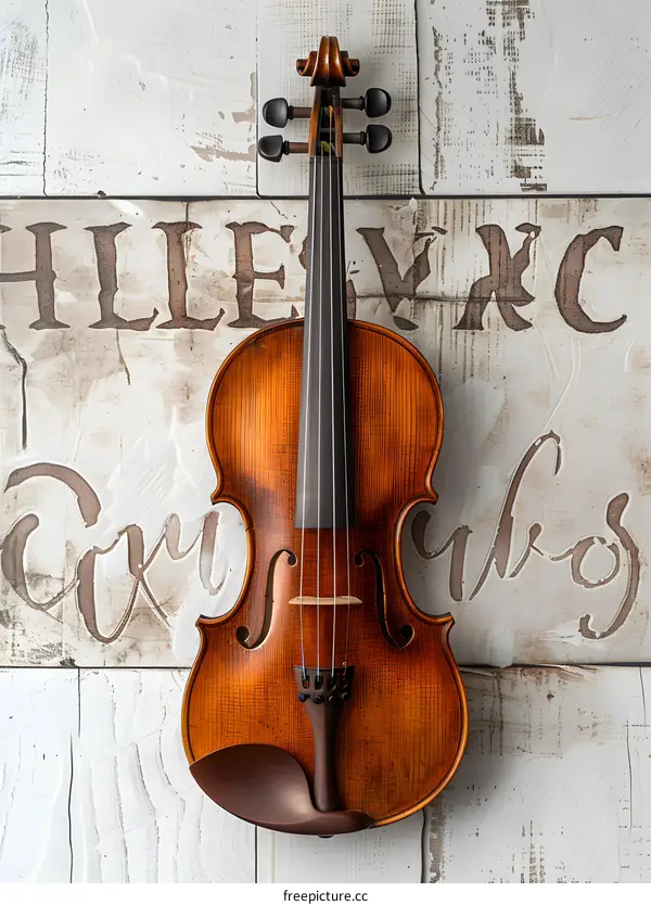 Vintage Violin Hanging on White Wall
