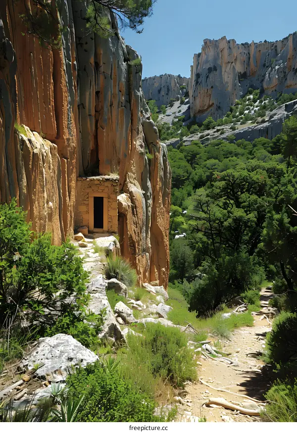 A cave carved into the side of a mountain