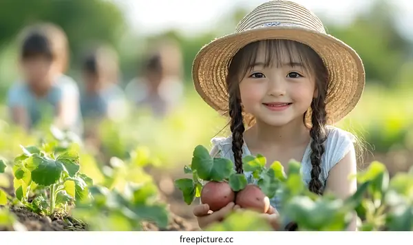 Adorable Little Girl Harvesting Fresh Vegetables in a Garden