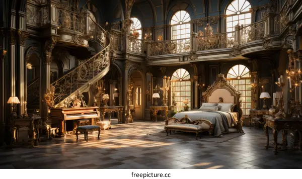 Luxurious and Opulent Bedroom with Spiral Staircase