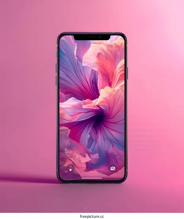 Purple Smartphone with Flower Wallpaper on Pink Background