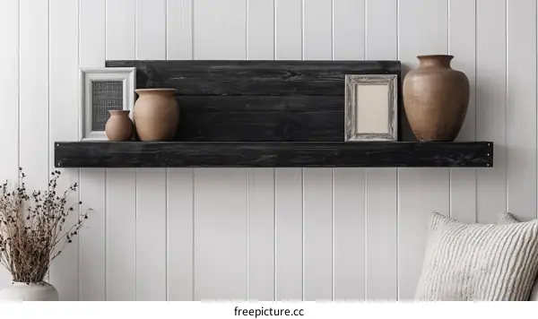 Rustic Wooden Shelf Decor with Decorative Vases and Frames
