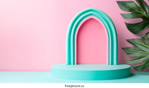 Abstract Minimalist Pink and Green Arch with Palm Leaf Background