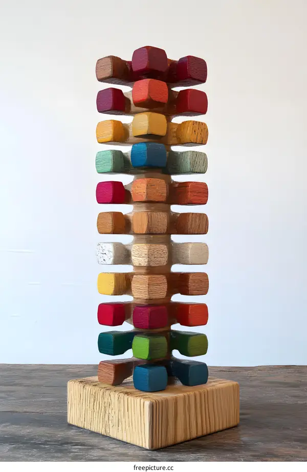 Colorful Wooden Sculpture Stacked Cubes Abstract Art