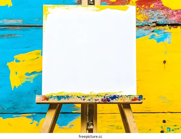 Blank Canvas on Wooden Easel Against Colorful Background