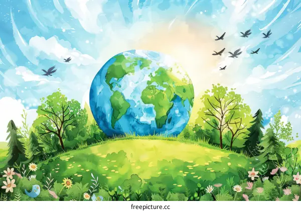 Illustration of a green planet Earth with blue sky and trees