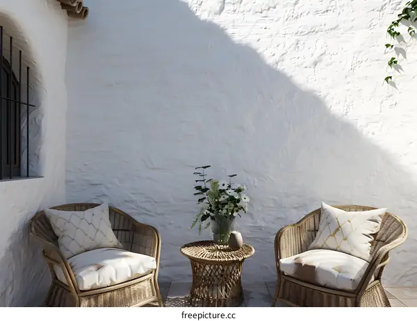 White Wall Patio With Wicker Chairs and Flowers