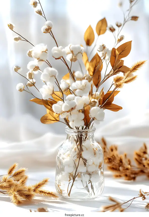 White Cotton Flowers and Golden Leaves in a Glass Vase