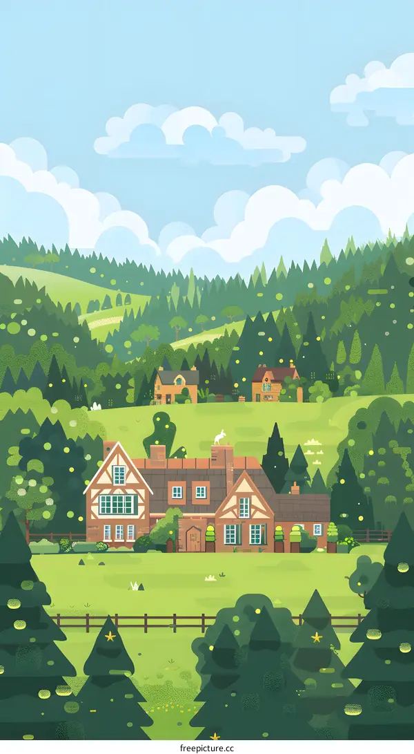 Countryside House Illustration with Green Trees and Blue Sky