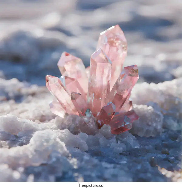 A cluster of pink quartz crystals emerging from salt in natural setting