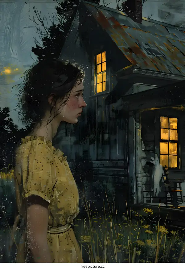 A girl standing in front of a house at night