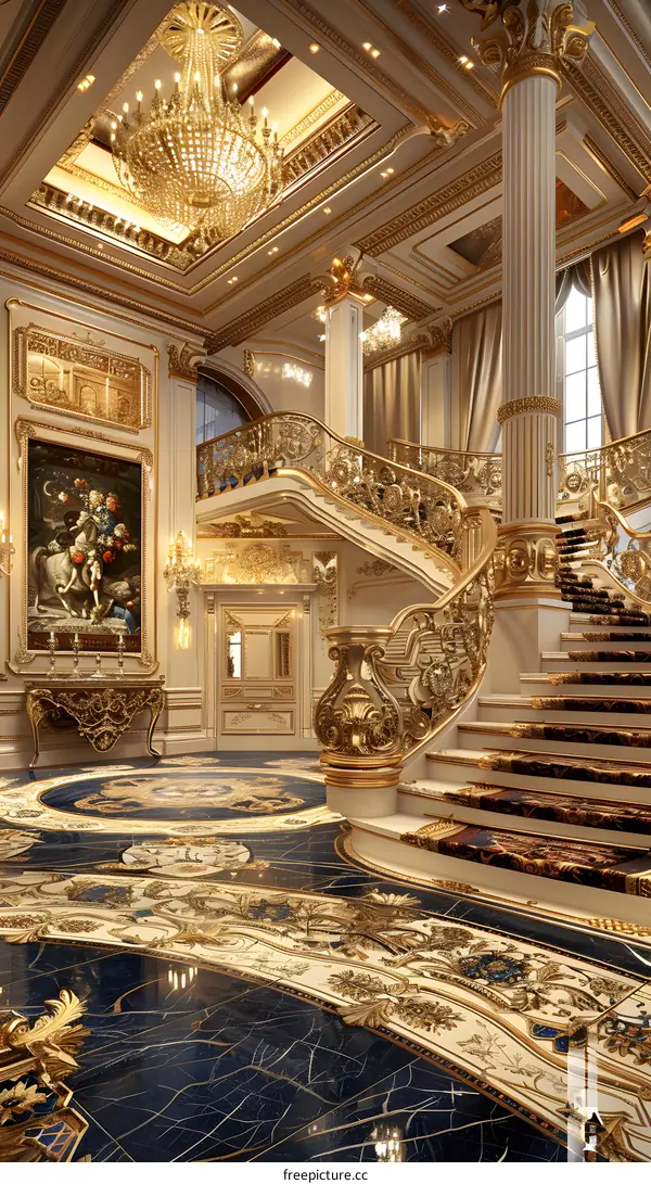 Grand Staircase with Golden Railing and Chandelier in a Luxurious Mansion