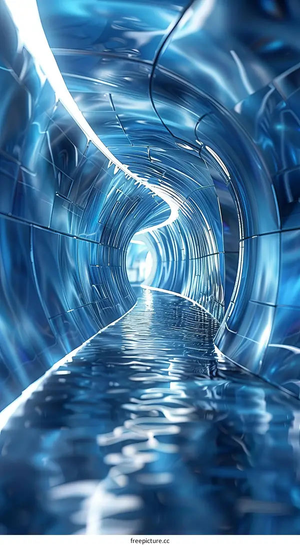 Futuristic Blue Tunnel with Water on the Floor