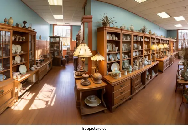 Ornate antique store with lots of wooden shelves and cabinets full of antiques and collectibles