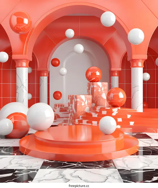 Abstract Minimalist 3D Background with Orange and White Spheres