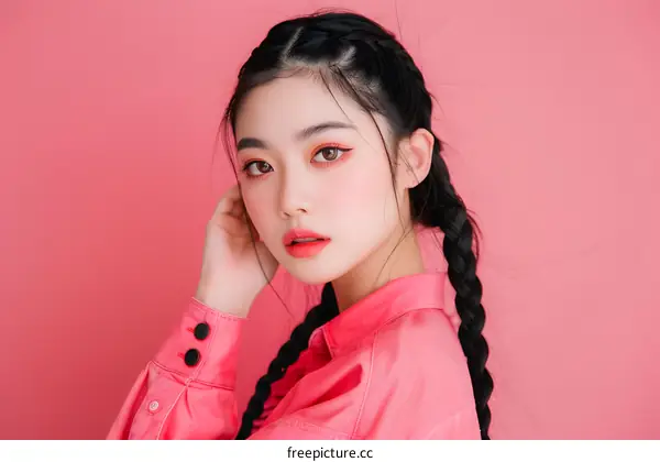 Asian Woman in Pink Shirt with Braids Posing Against Pink Background