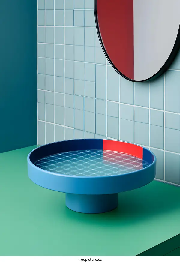 Blue and Red Tray on Green Surface with Blue and White Tiles