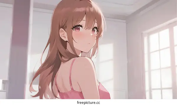 A Young Girl with Long Hair in Pink Lingerie Standing in Room