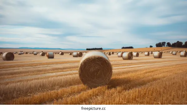 Golden Hay Bales in Field Under Cloudy Sky