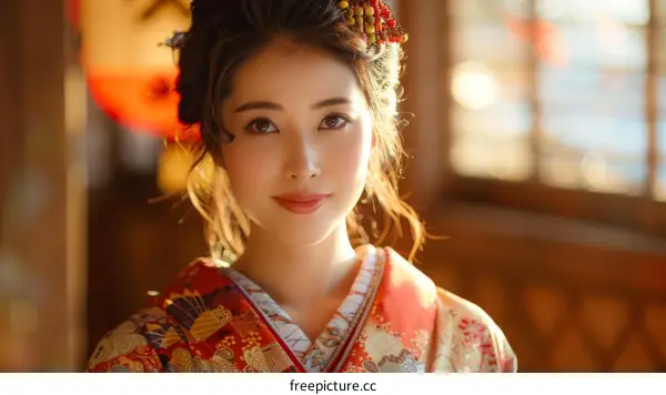Portrait of a beautiful Japanese woman in traditional kimono