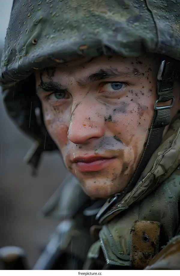 Portrait of a young soldier with blue eyes and mud on his face