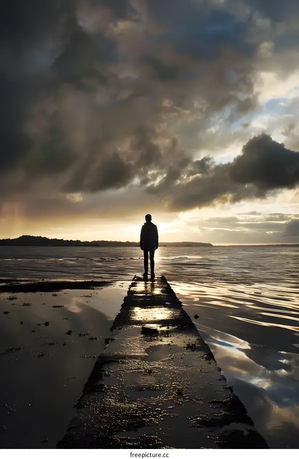 Silhouette of Man Standing on a Pier at Sunset
