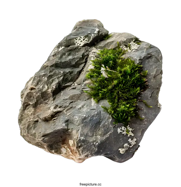 [Transparent Background PNG]Grey Rock with Green Moss Isolated on White Background