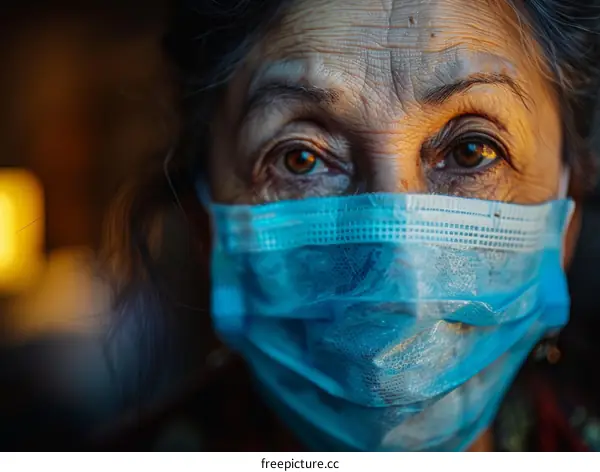 An elderly woman wearing a mask looks at the camera with concern in her eyes.