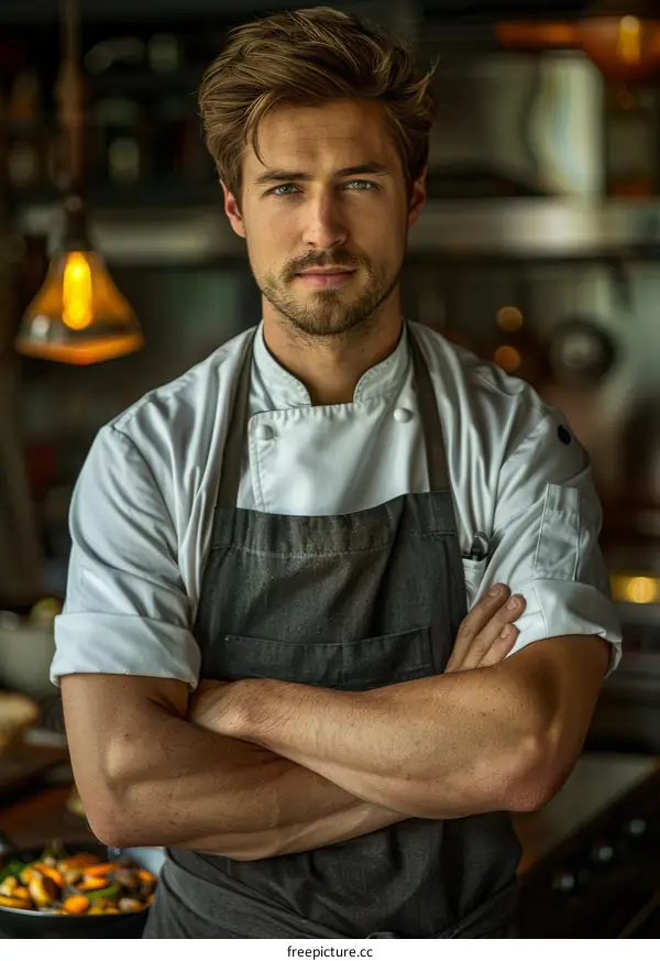 Portrait of a male chef in a white coat and apron