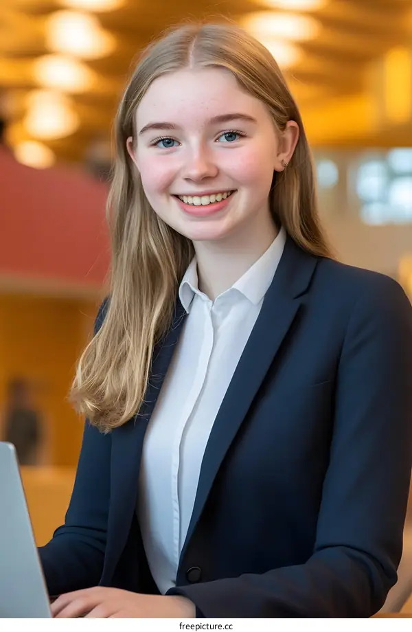 Smiling Businesswoman in a Suit Using Laptop