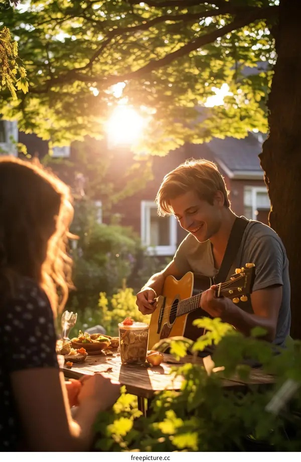 Young man playing guitar and singing to a woman in the garden