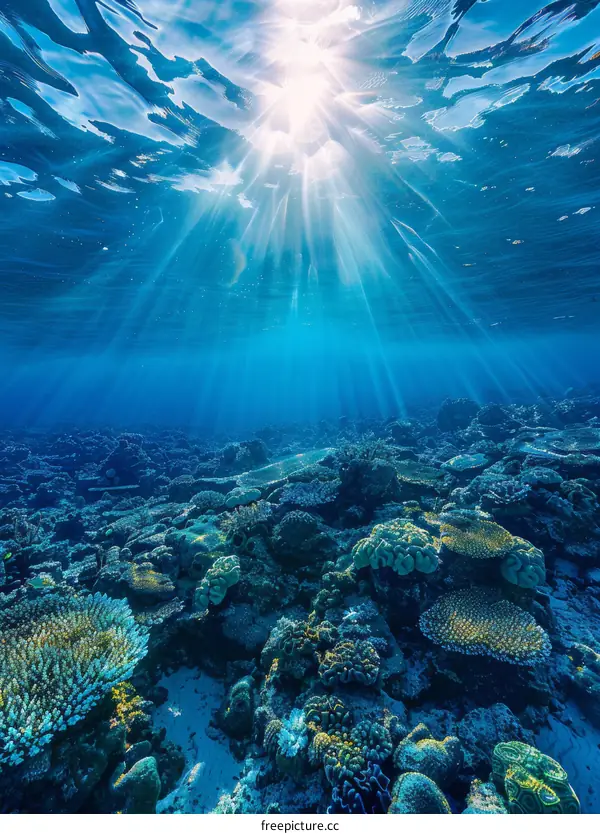 Underwater Sunlight Rays Shining Through Coral Reef