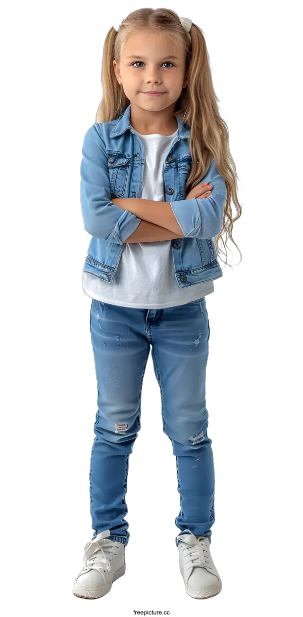 [Transparent Background PNG]Portrait of a Young Girl in Denim Jacket and Jeans Standing in Front of White Background