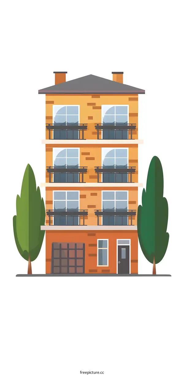 Four Story Brick Building With Garage and Trees