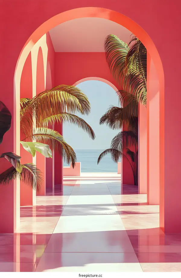 Pink Arched Corridor Leading to Ocean View