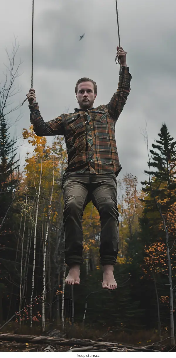 Man Hanging From Rope Swing in Autumn Forest