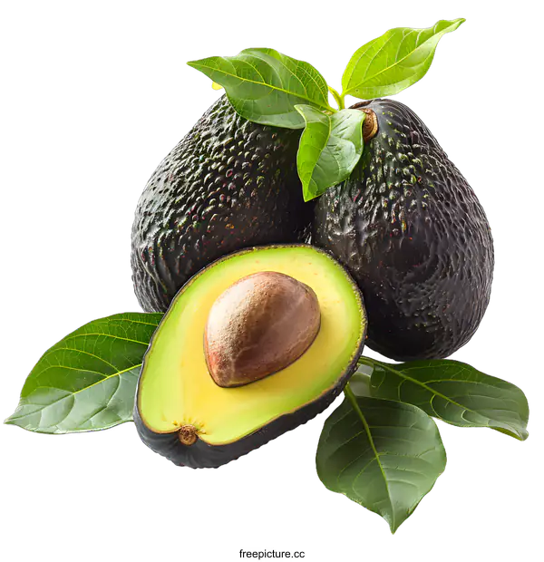 [Transparent Background PNG]Fresh avocado with leaves