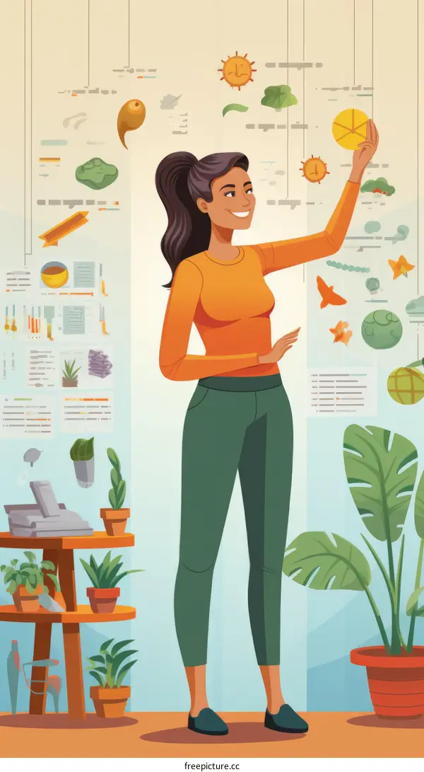 Woman in Orange Shirt and Green Pants Standing in Front of Plant Wall and Data Visualizations