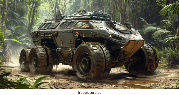 Armored Vehicle Traverses Dense Jungle Terrain