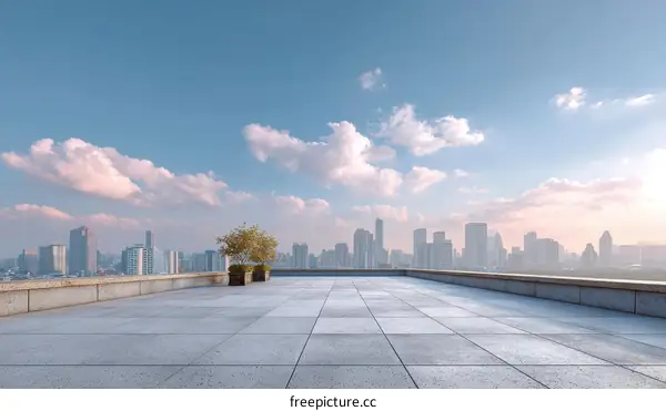 Empty Rooftop Terrace overlooking City Skyline