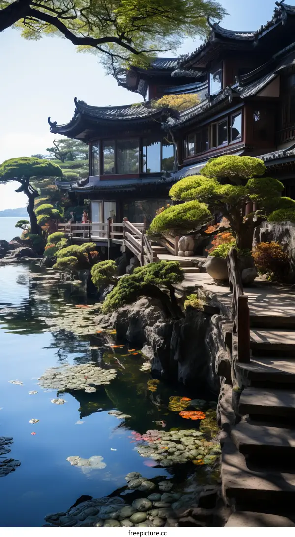Tranquil Oriental Lake House with Koi Pond and Garden