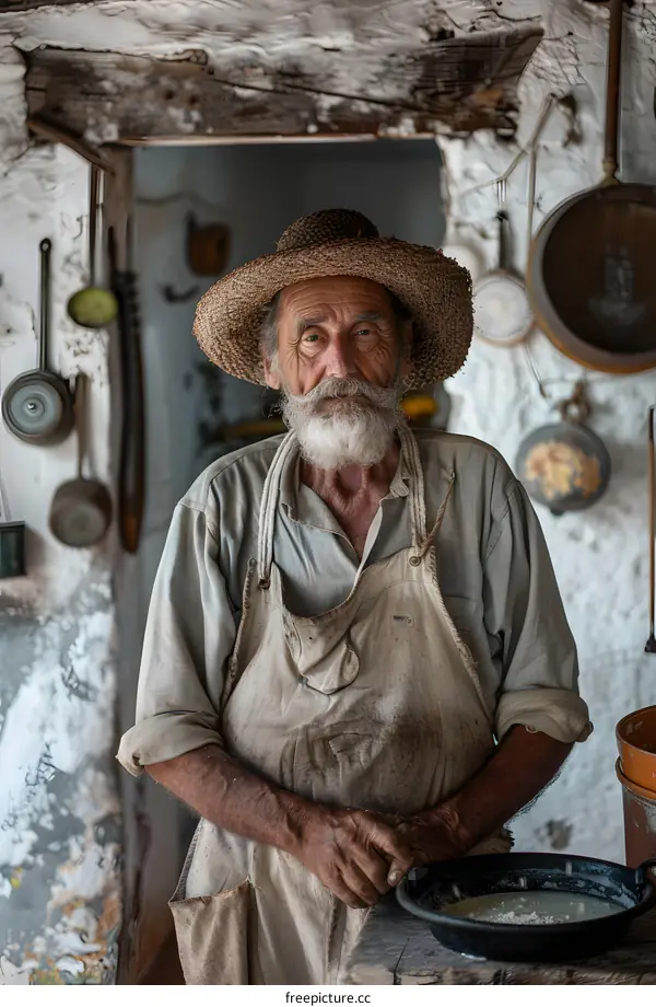 Portrait of an Elderly Man in a Rustic Setting with a Straw Hat