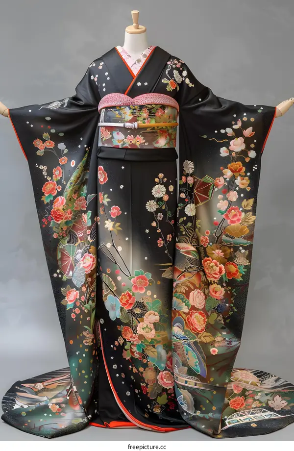 A woman wearing a black kimono with floral patterns