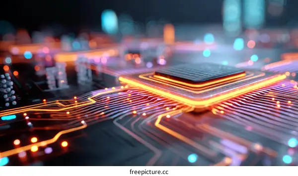 High-Tech Circuit Board with Illuminated Chip