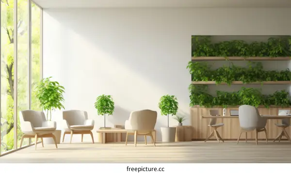 Modern office interior with green plants and large windows