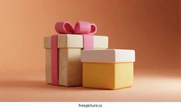 Two Colorful Gift Boxes with Pink Ribbon on Peach Background