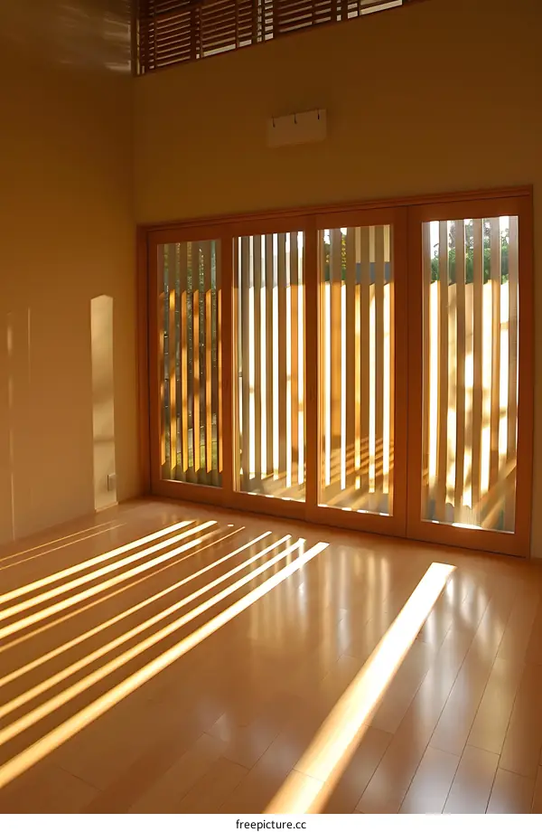 Sunlight Streaming Through Wooden Blinds in a Modern Home
