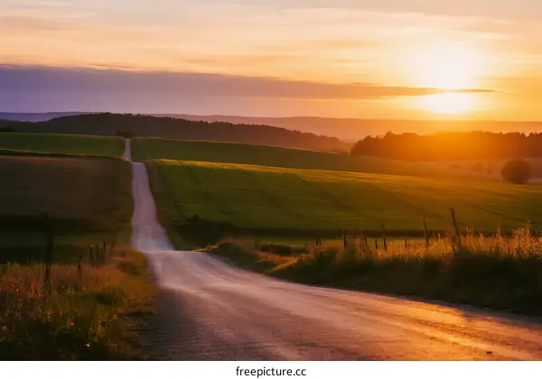 Sunset over a winding country road in a vast green field