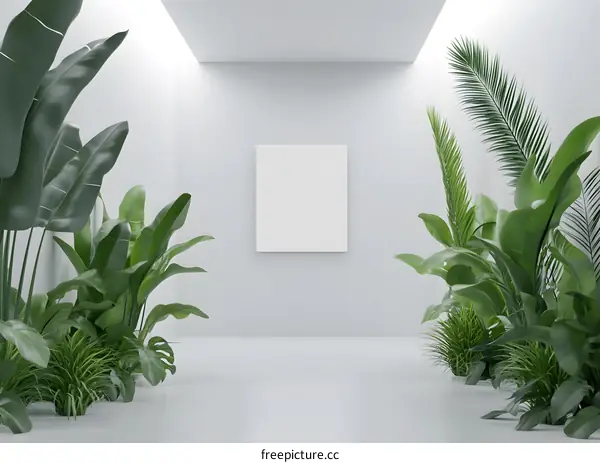 White Minimalist Room With Green Plants And Mockup Canvas